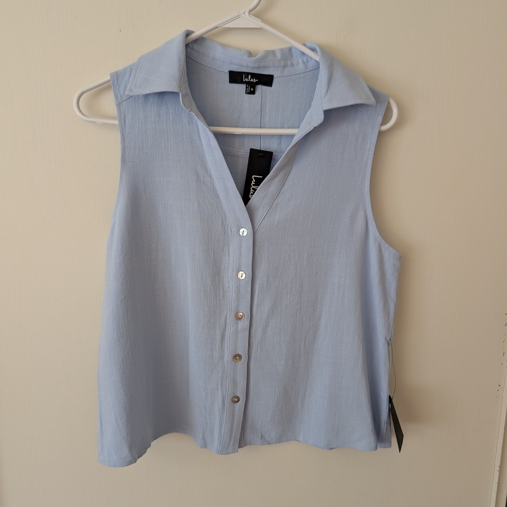 Lulus Womens Medium Sleeveless Button Down Blouse Blue NWT Preppy Academia